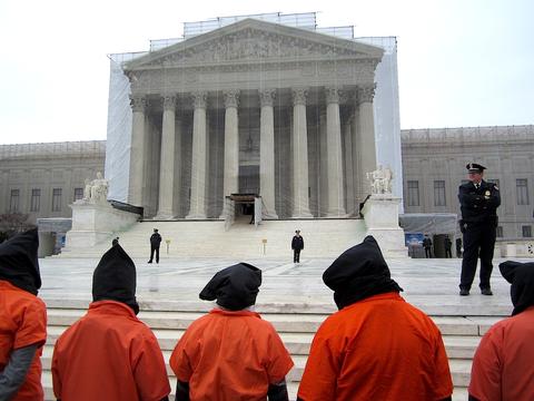 Protestors against the continued existence of Guantánamo outside the Supreme Court on January 11, 2013