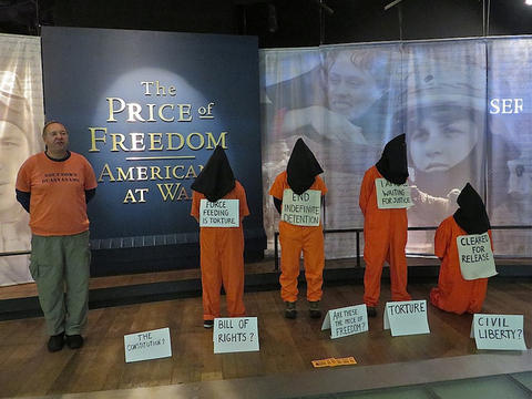 Witness Against Torture activists during the occupation of the Smithsonian Museum of American History in Washington D.C. on January 11, 2014, the 12th anniversary of the opening of Guantánamo.