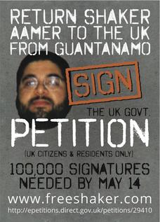 The front of the flyer produced for the e-petition designed to secure the return of British resident Shaker Aamer to the UK from Guantanamo.